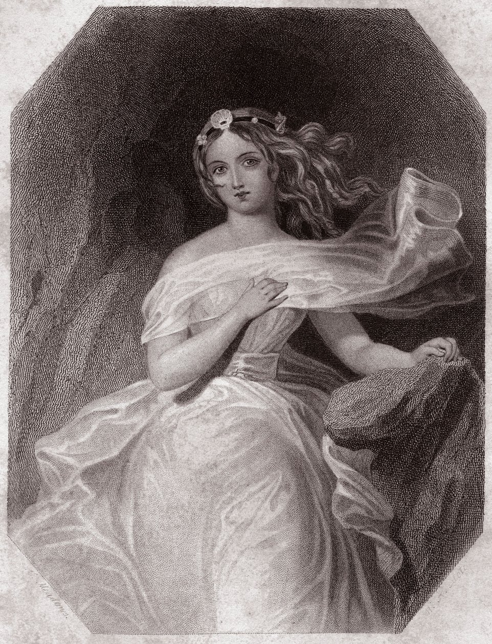 Miranda (The Tempest - La Tempete) em - "Galerie des femmes de Shakespeare, coleção de quarenta e cinco retratos sérios dos primeiros artistas de Londres, enriquecidos por avisos críticos e literários" por volta de 1838 - da "Galeria das mulheres de Shakes de English School