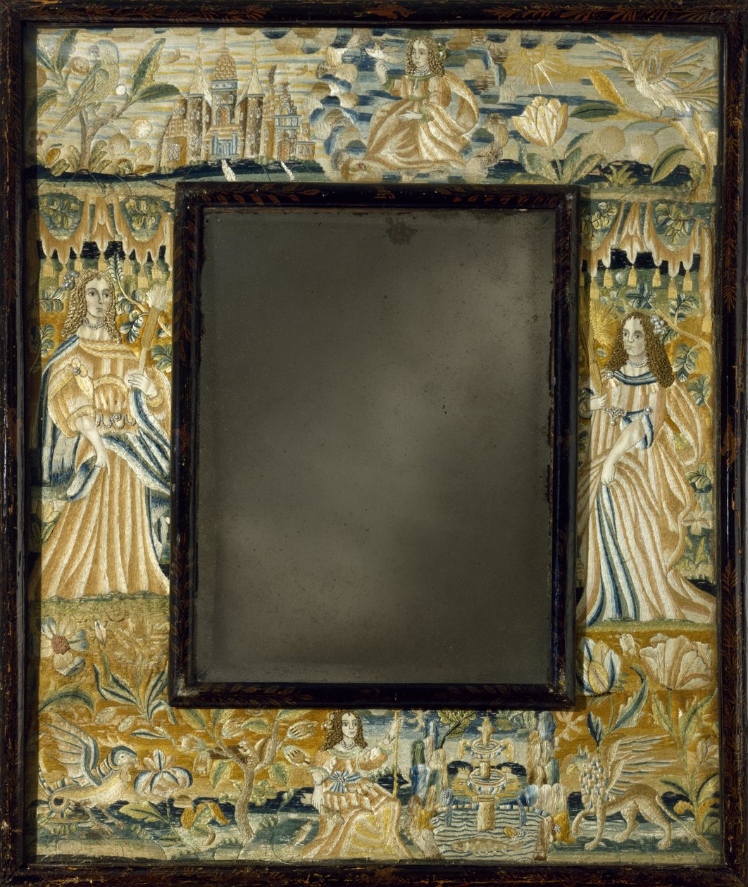 Espelho com Bordados Levantados, c. 1650-1700 (contas, rendas metálicas, rendas, seda, linho, madeira, vidro) de English School