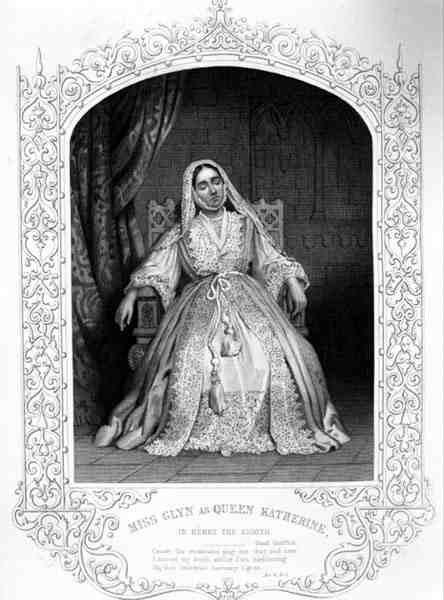 Miss Glyn como Rainha Catarina, Acto IV Cena 2, em Henrique VIII ou All is True, de William Shakespeare (1564-1616) (gravura) de English School