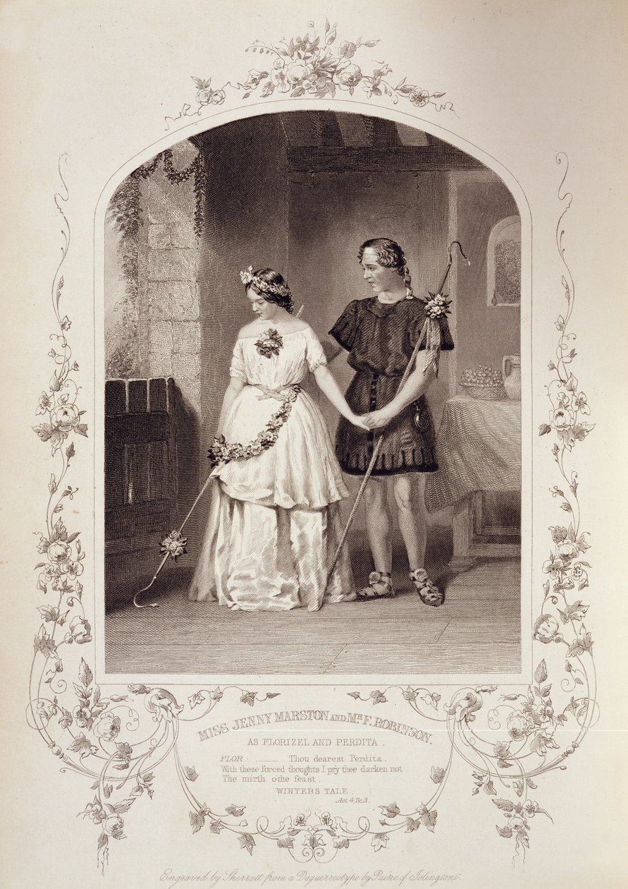 Miss Jenny Marston como Perdita e Sr. F. Robinson como Florizel, Ato IV Scene 3, em The Winters Tale de William Shakespeare (1564-1616) gravado por Thomas Sherratt (fl.1860-80) de um daguerreótipo de Pa de English School
