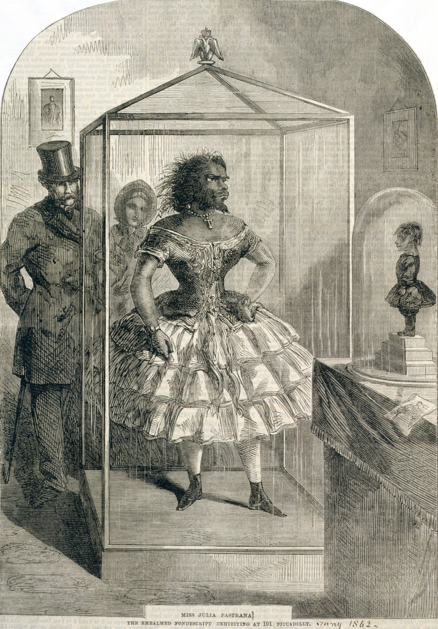 Miss Julia Pastrana, The Embalmed Nondescript, exibindo em 191 Piccadilly, 1862 de English School