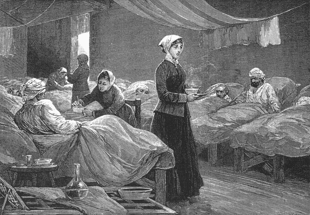 Miss Nightingale no Hospital Barrack em Scutari, c.1880 (gravura em madeira) de English School