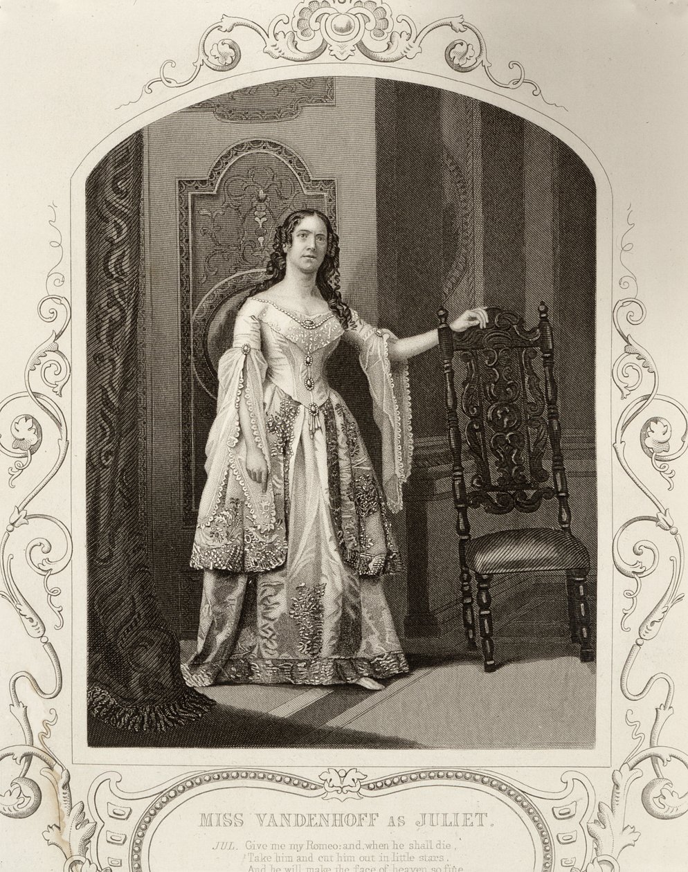Senhorita Vandenhoff como Julieta, Ato III Cena 1 de Romeu e Julieta, de um daguerreótipo, pub. de John Tallis & Co. de English School