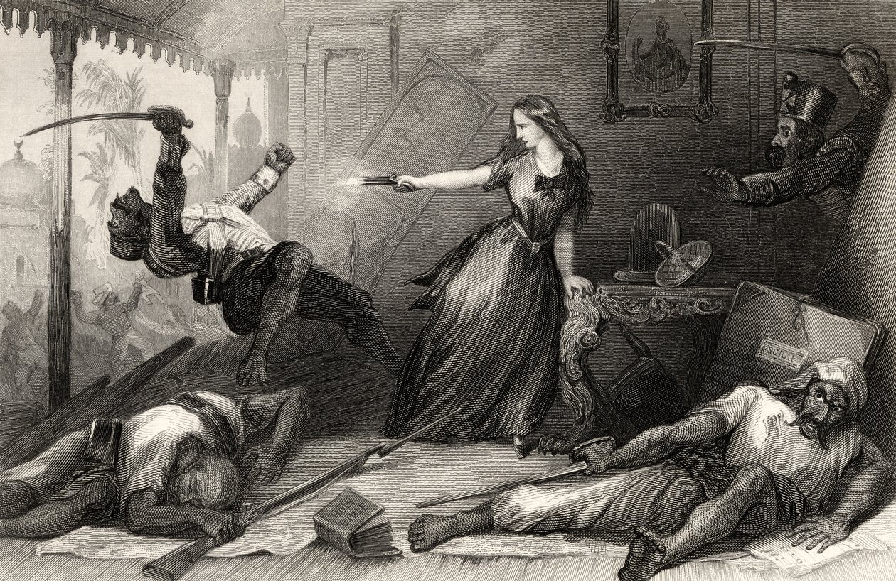 Miss Wheeler defendendo-se contra os Sepoys em Cawnpore em 1857, de "A História do Motim Indiano", publicada em 1858 (gravura) de English School
