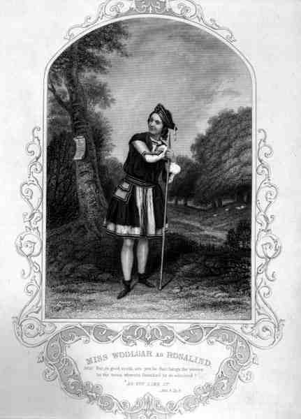 Miss Woolgar como Rosalind, Acto III Cena 2, em As You Like it, de William Shakespeare (1564-1616) (gravura) de English School