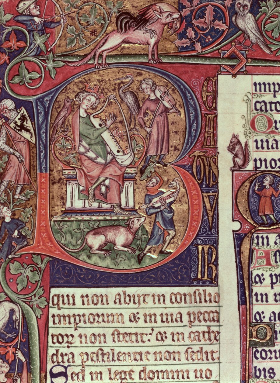 MMS 9961-2 Historiated Inicial B do Saltério de Peterborough representando o Rei David tocando harpa, Inglês, (c.1310-20) de English School