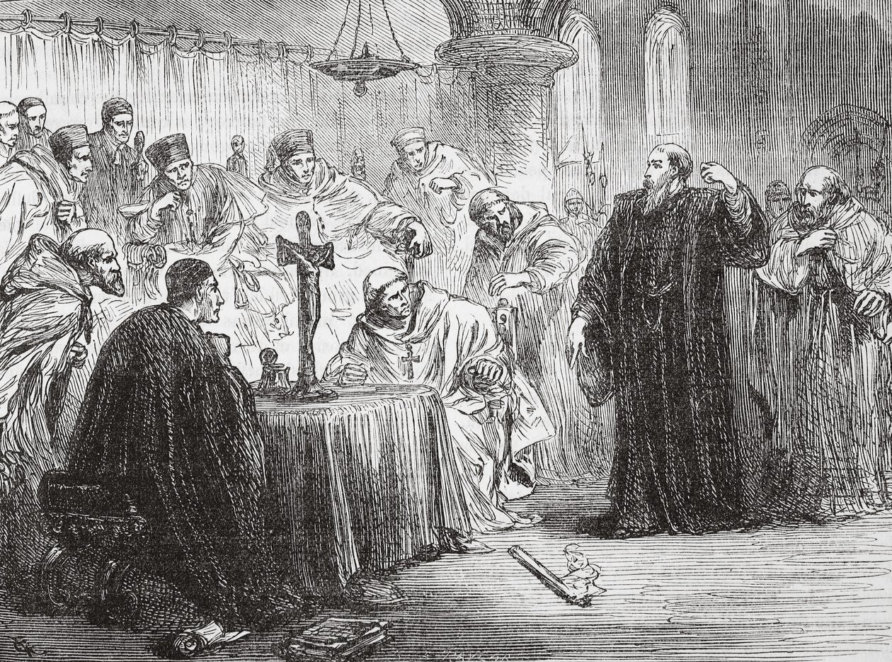 Mollio jogando sua tocha diante da Inquisição, ilustração de A História do Protestantismo, de James Aitken Wylie (1808-1890), pub. 1878 de English School
