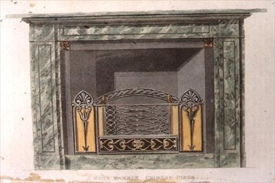 Chimney-piece de mármore Mona, placa 90 do Repositório de Artes de Ackermann, publicado em 1816 (cor litho) de English School