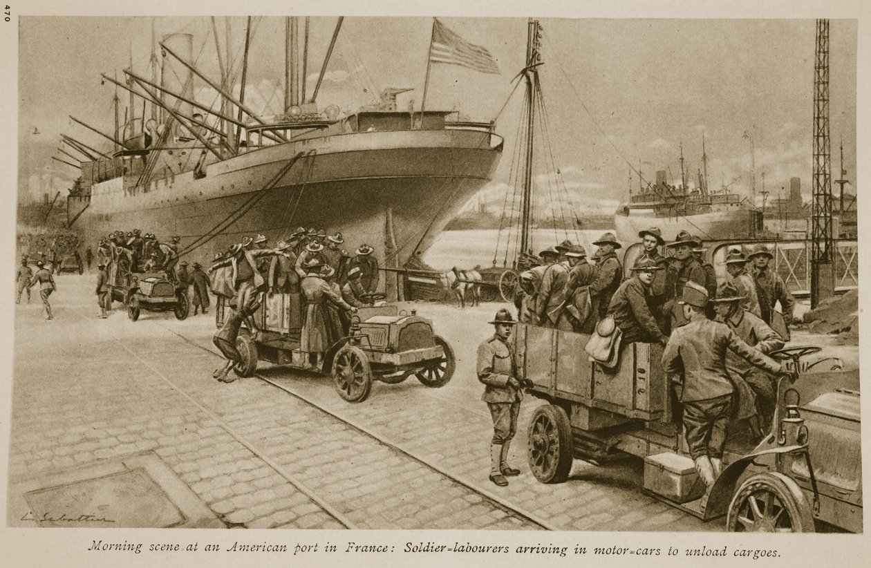 Cena de manhã em um porto americano na França: trabalhadores de soldado chegando em carros a motor para descarregar as cargas, 1914-19 de English School