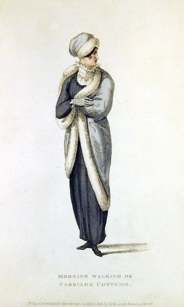 Fato de manhã, traje de passeio ou carruagem, placa de moda do Repositório de Artes de Ackermann (gravura colorida) de English School