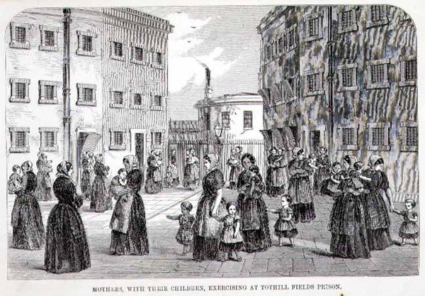 Mães com seus filhos exercitando-se na prisão de Tothill Fields, de "The Criminal Prisons of London and Scenes of Prison Life" de Henry Mayhew (1812-87) e John Binny de English School