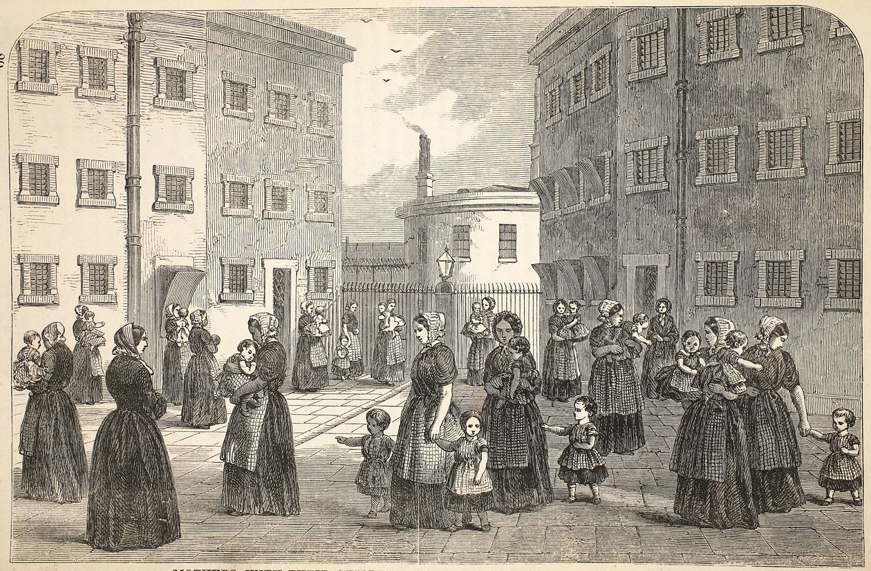 Mães, com suas crianças, exercitando-se na prisão dos campos de Tothill, ilustração das prisões criminosas de Londres e cenas da vida da prisão por Henry Mayhew e por John Binny, bar. 1862 de English School