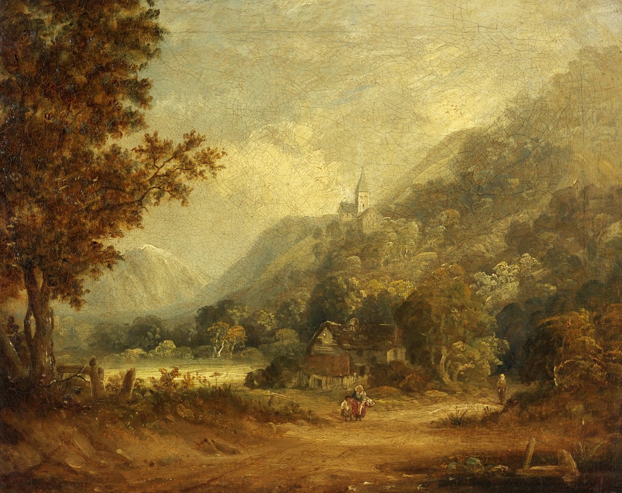 Cena da montanha com Igreja e Fazenda (óleo sobre tela) de English School