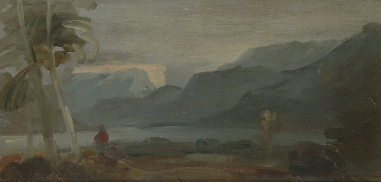 Paisagem montanhosa com figuras e gado, anteriormente atribuída a JMW Turner (1775-1851) e também atribuída a Pedro de Wint (1784-1849), 1806-07 (óleo sobre papel) de English School