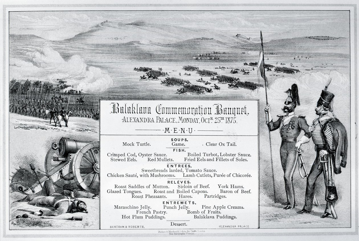 Menu ilustrado montado para o Banquete de Comemoração de Balaklava realizado no Palácio de Alexandra, 25 de Outubro de 1875 (gravura) de English School