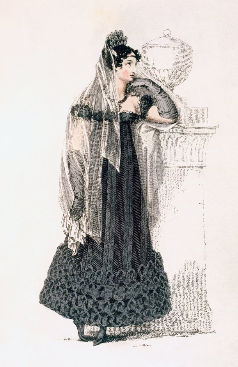 Vestido de luto, gravura de moda de Ackermanns Repository of Arts de English School