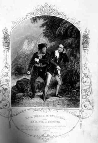 Sr. A. Younge como Stephano e Sr. N. Hye como Trinculo, Acto III Cena 2, em The Tempest, de William Shakespeare (1564-1616) gravada por G. Greatbach a partir de um daguerreótipo de J.P. Mayall (1810-1901) (gravura) de English School