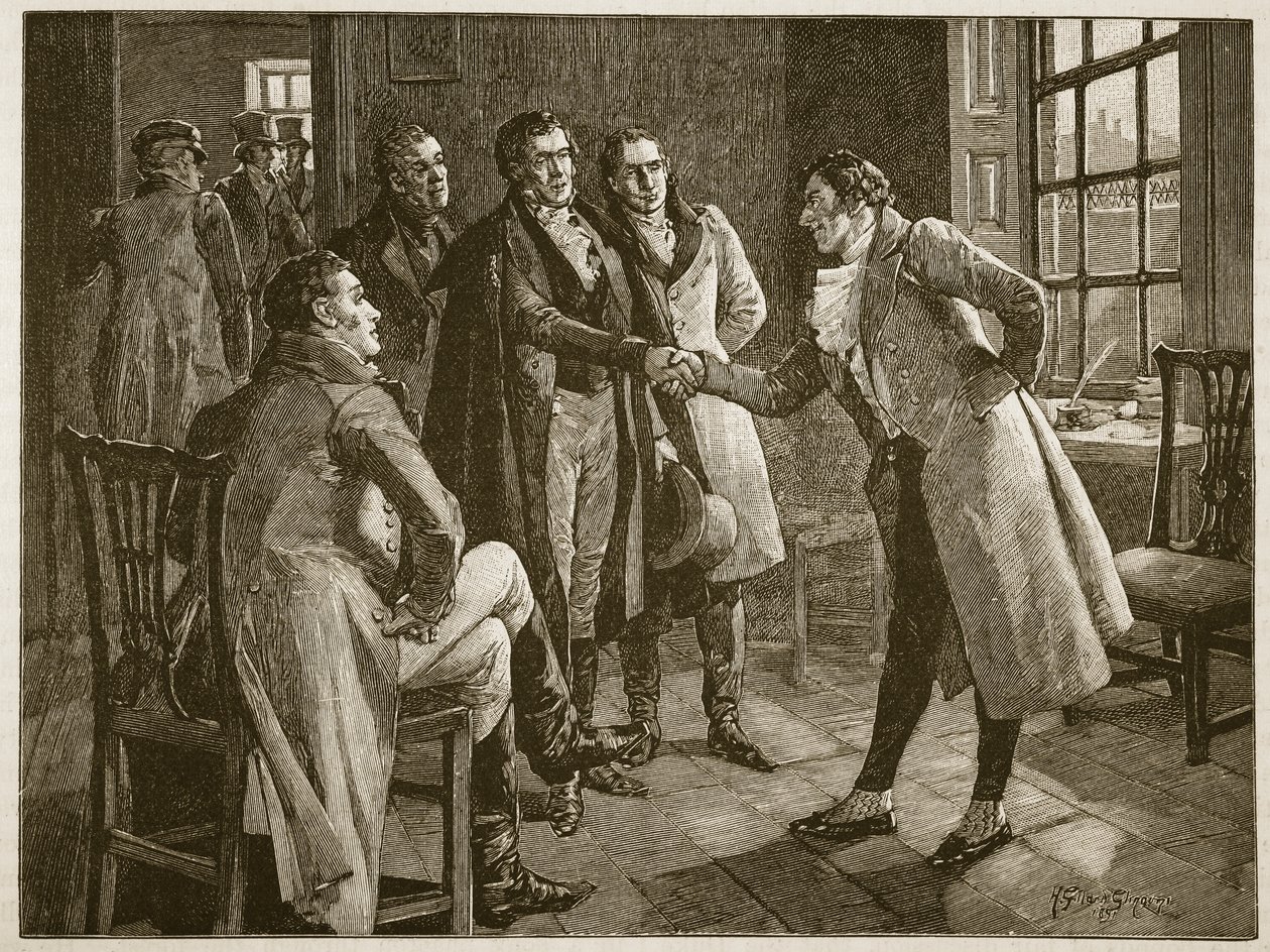 Sr. Alexanders Levee na prisão de Kings Bench, ilustração da história ilustrada de Cassells da Inglaterra (foto sépia) de English School