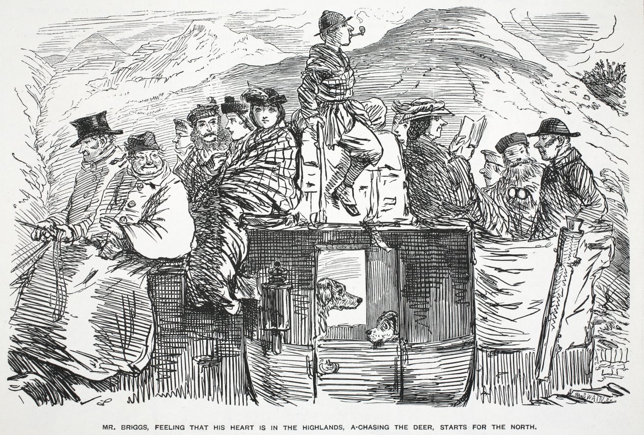 O Sr. Briggs, sentindo que seu coração está nas Terras Altas, correndo atrás do cervo, começa para o Norte, ilustração de Punch de English School