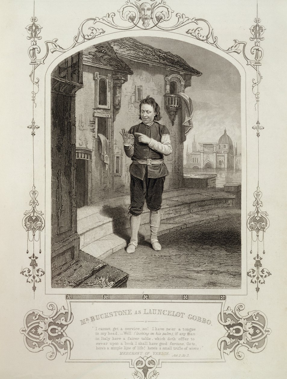 Sr. Buckstone como Lancelot Gobbo, Ato II Cena 2, em O Mercador de Veneza por William Shakespeare (1564-1616) de English School