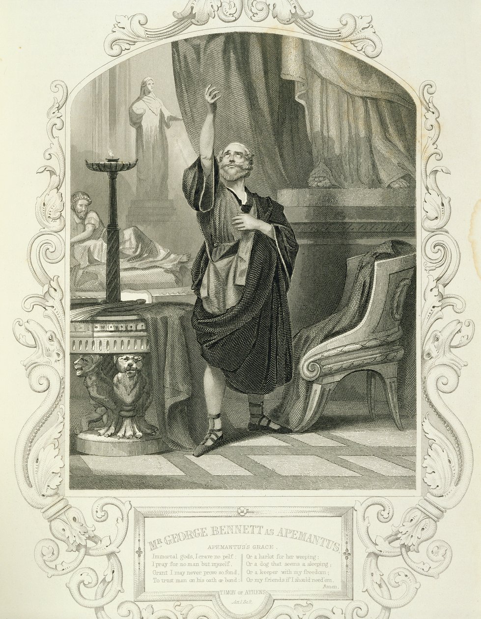 Sr. George Bennett como Apemantus, Act I Scene 2, em Timon of Athens por William Shakespeare (1564-1616) de English School