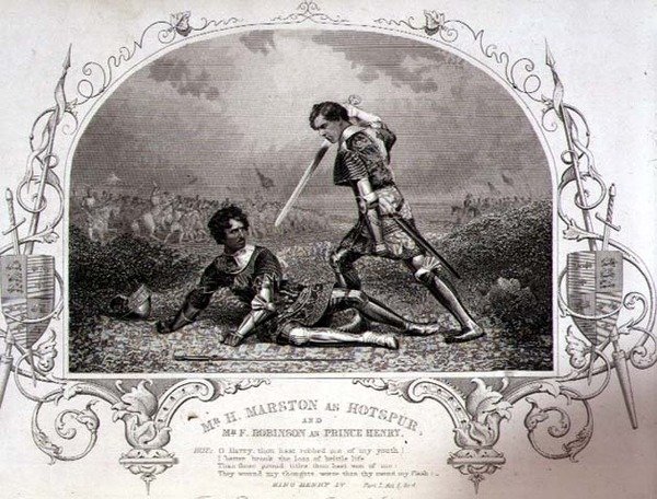 Sr. H. Marston como Hotspur e Sr. F. Robinson como Príncipe Henry, Acto V Cena 4 de Henry IV (Parte I) de um daguerrotype por Paine of Islington, pub. por John Tallis & Co. (litho) de English School