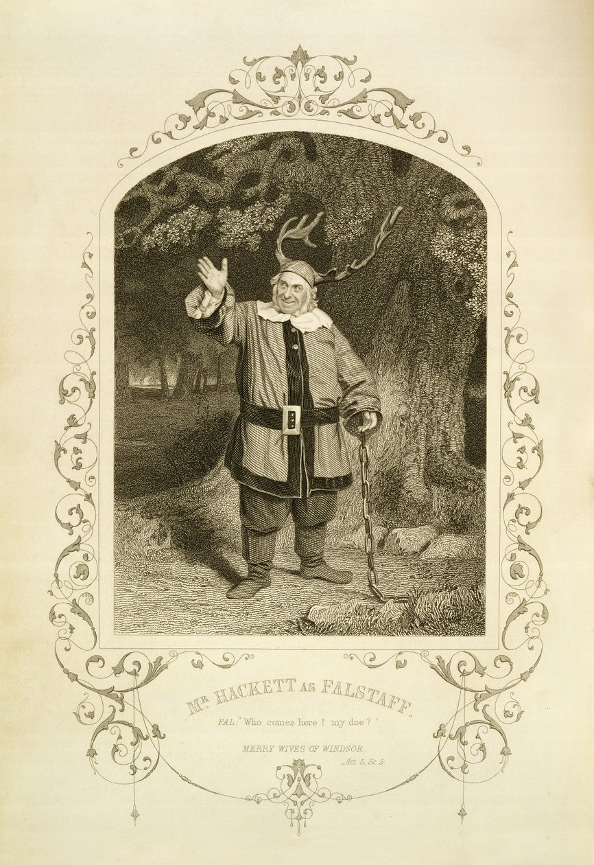 Hackett como Falstaff, Act V Cena 5, em As Merry Wives of Windsor por William Shakespeare (1564-1616) gravado por George Hollis (1792-1842) a partir de um daguerreótipo de JP Mayall (1810-1901) (gravura de English School