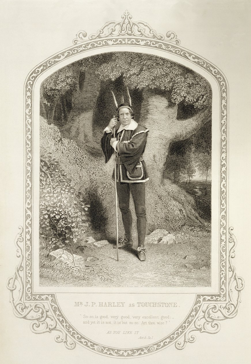 Mr JP Harley como Touchstone, Act V Cena 1, em Como Você Gosta de William Shakespeare (1564-1616) gravado por George Hollis (1792-1842) de um daguerreótipo de JP Mayall (1810-1901) de English School