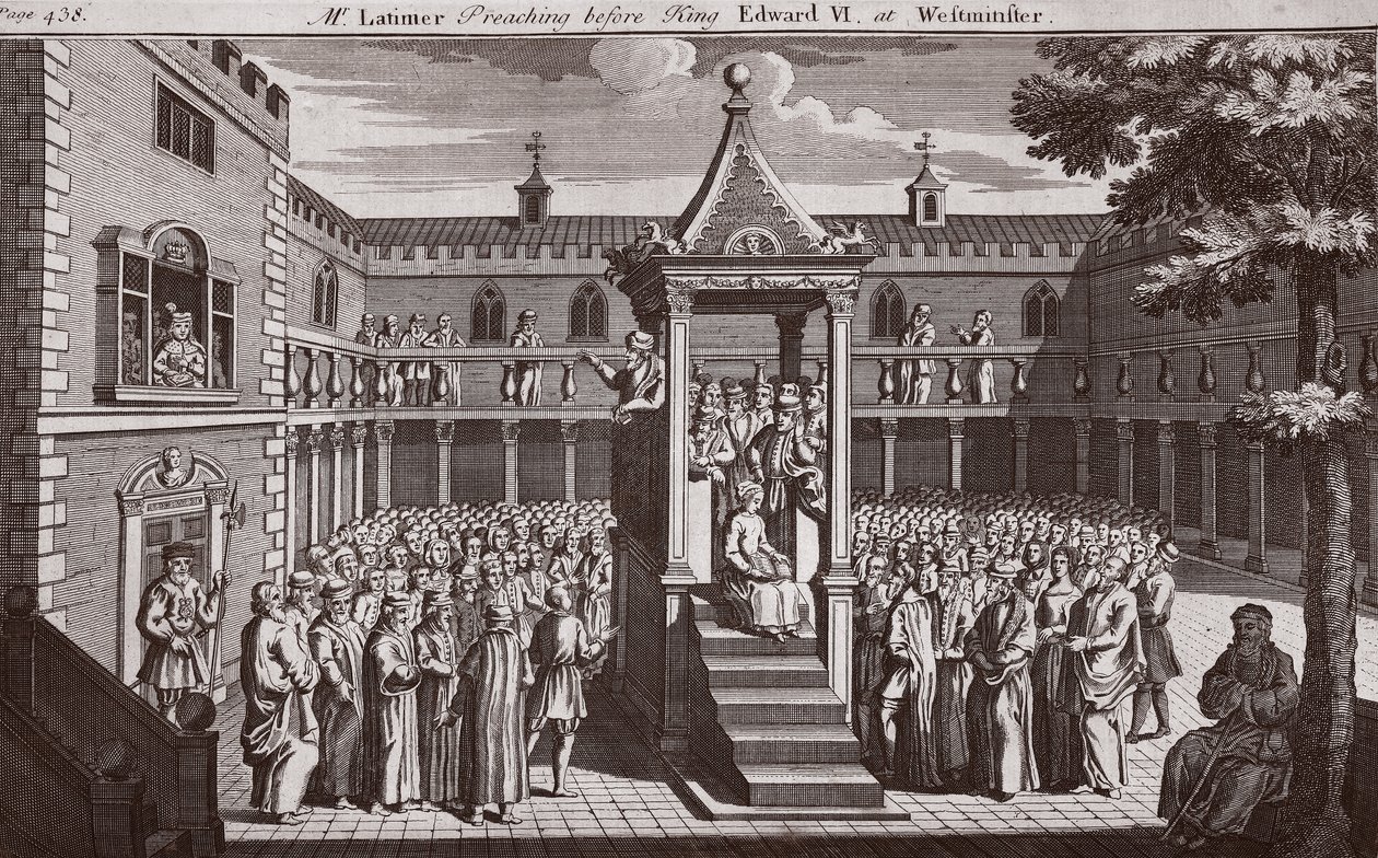Sr. Latimer pregando diante do rei Edward VI em Westminster, ilustração de Foxes Martyrs c.1703 de English School