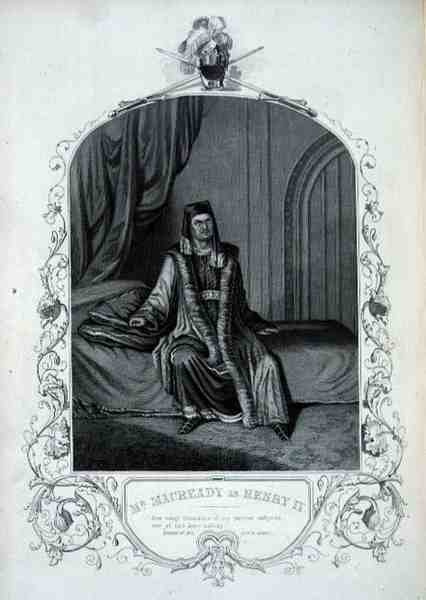 Sr. Macready como Henrique IV, Acto III Cena 1, em Henrique IV de William Shakespeare (1564-1616) (gravura) de English School