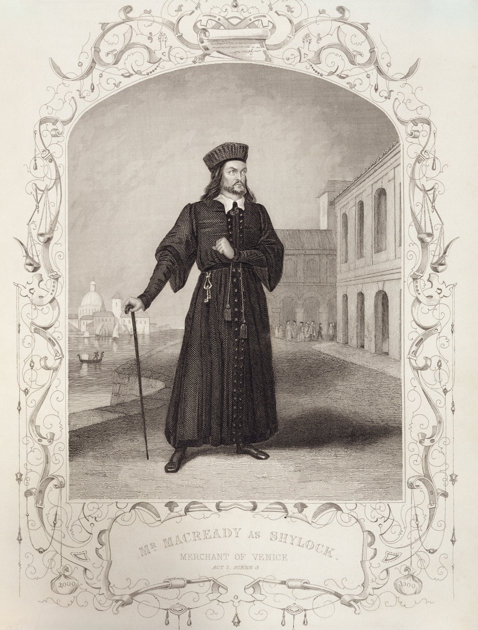 Mr. Macready como Shylock, Act I Scene 3, em O Mercador de Veneza por William Shakespeare (1564-1616) de English School