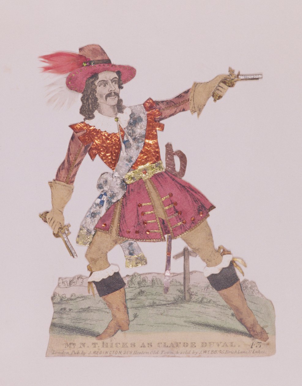 Mr. NT Hicks sob o disfarce do ladrão de estradas francês Claude Duval (1643-70) (gravura e colagem) de English School