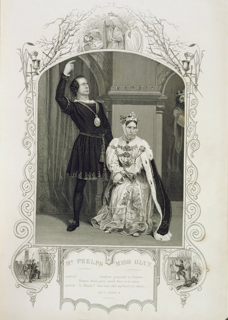 Sr. Phelps como Hamlet e Miss Glyn como Rainha Gertrude, Ato III Cena 4, em Hamlet por William Shakespeare (1564-1616) de English School