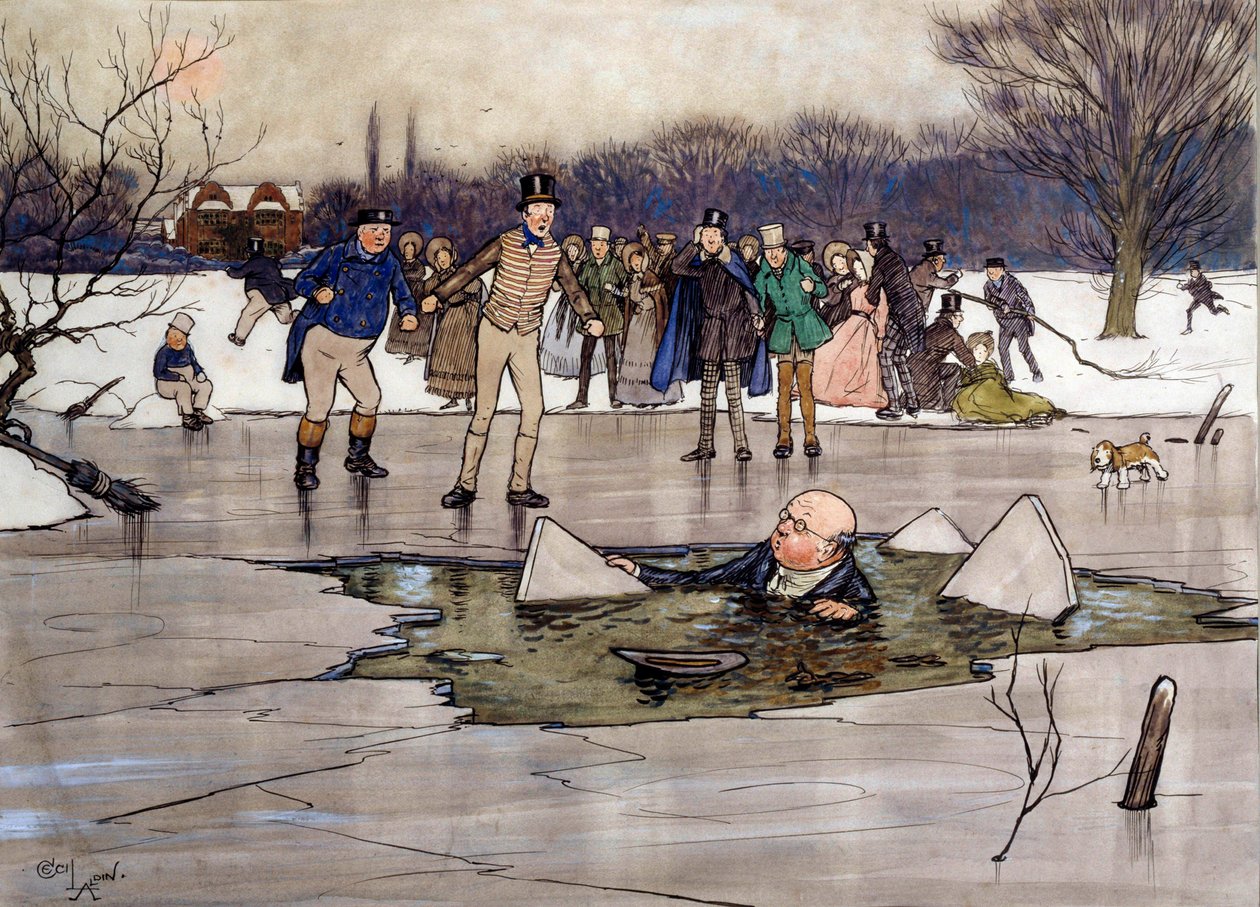 Mr. Pickwick on the ice Ilustração das obras de Charles Dickens (1812-1870) da escola inglesa. 1837 Coleção particular de English School