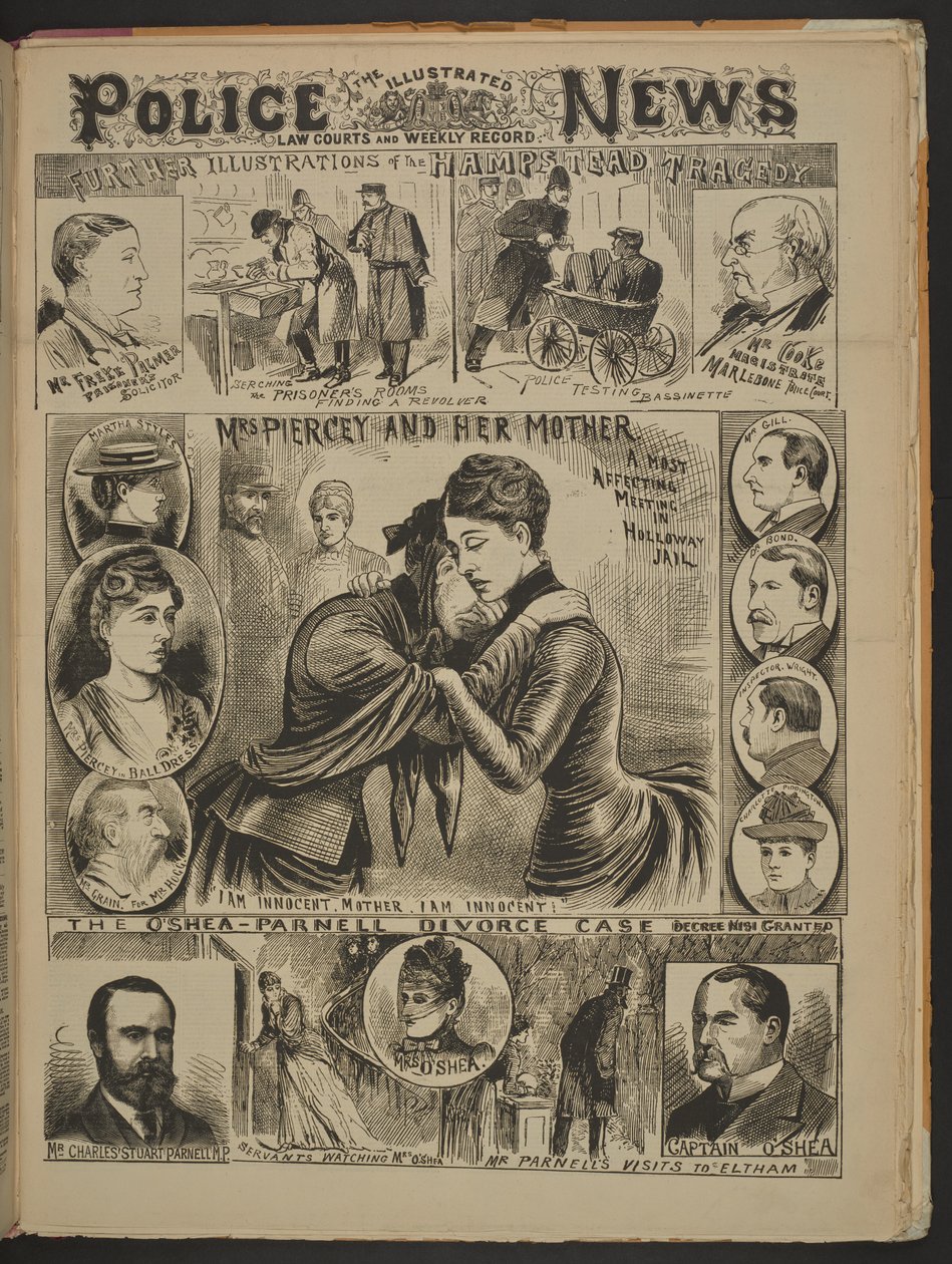 "A Sra. Piercey e a sua mãe. Um encontro muito afetuoso na prisão de Holloway. Estou inocente, mãe. Estou inocente", Illustrated Police News, 22 de novembro de 1890 (papel de jornal) de English School
