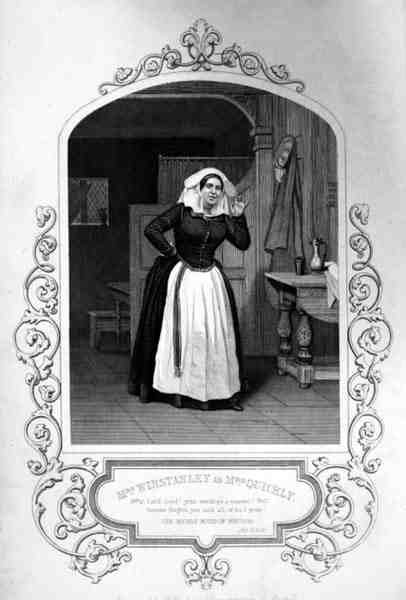 Sra. Winstanley como Sra. Quickly, Acto II Cena 2, em The Merry Wives of Windsor de William Shakespeare (1564-1616) gravada por George Hollis (1792-1842) a partir de um daguerreótipo de J.P. Mayall (1810-1901 (gravura) de English School