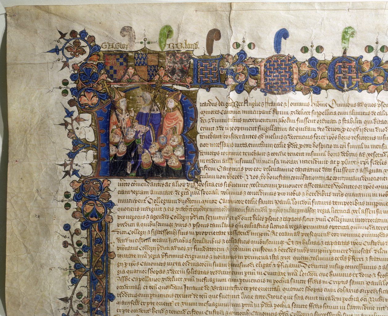 Ms.29410 Historiated R inicial representando cânones menores da Catedral de St. Pauls, detalhe da Carta Real de Incorporação de English School