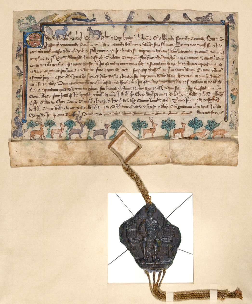 Ms.46-1980 Free Warren Charter, concessão de direitos de jogo por Edward I a Roger de Pilkington, c.1291 de English School
