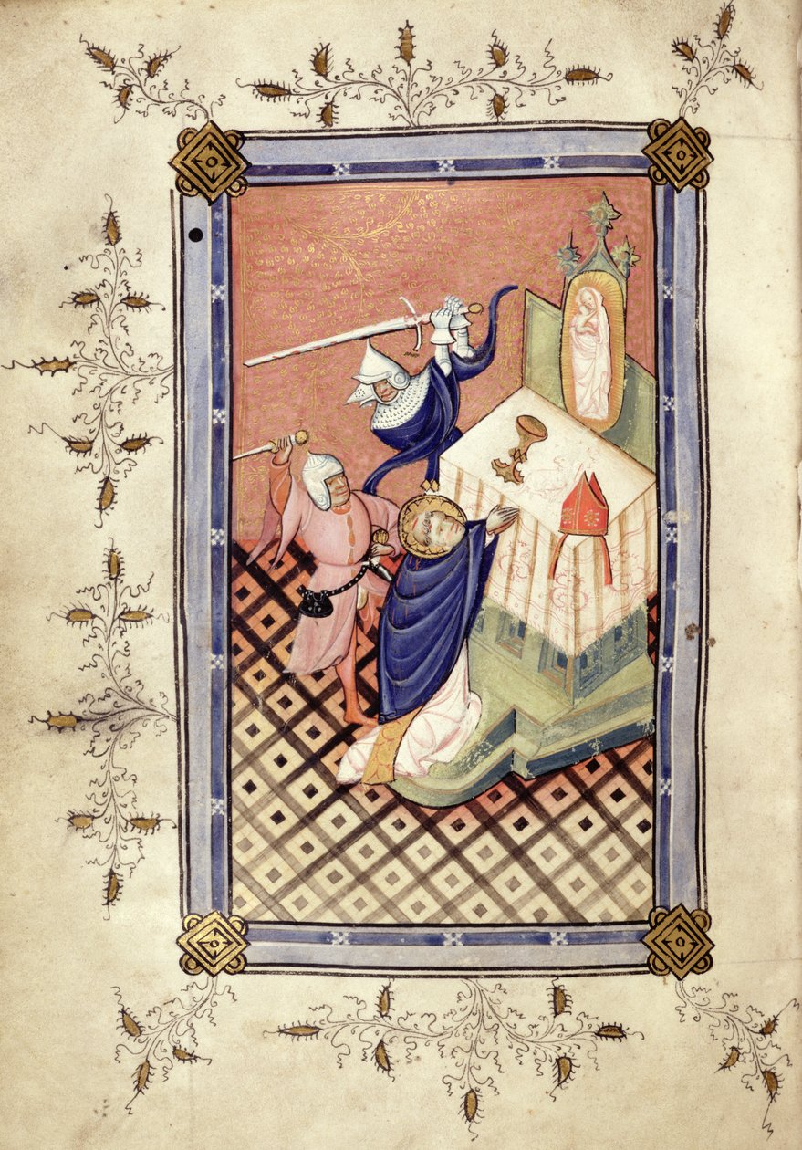 Ms.49 f.18v St. Thomas de Canterbury (c. 1118-70) sendo atacado por dois cavaleiros, Horae, c.1420-30 de English School