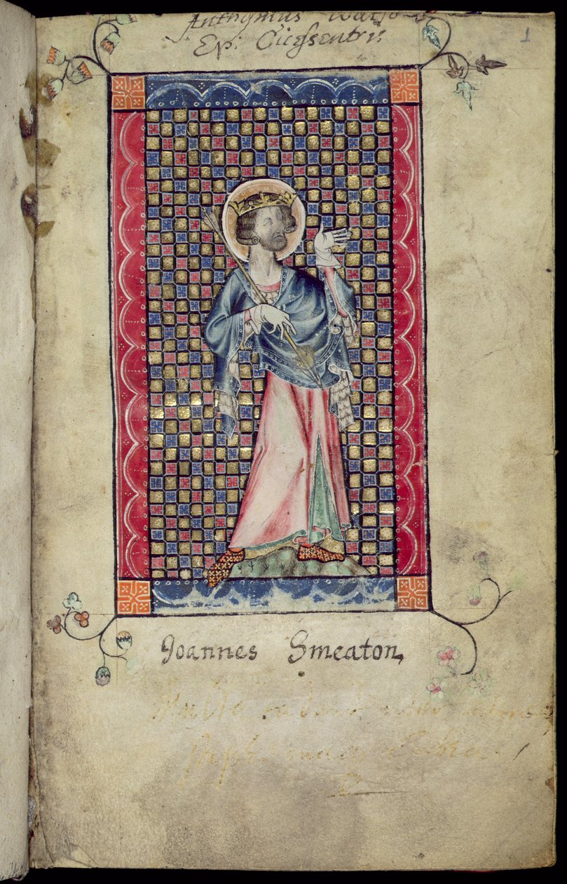 Ms 1-2005, f.1r: St. Edmund, miniatura do Saltério de Macclesfield, Uso de Sarum, East Anglia, c.1330 de English School
