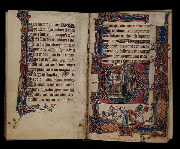 Sra. 1-2005, ff.57v-58r: Saul enviando Doeg para matar os Sacerdotes de Nob, inicial histórica do Psalter Macclesfield, Uso de Sarum, East Anglia, c.1330 (vellum) de English School