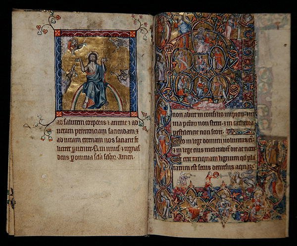 Sra. 1-2005, ff.8v-9r: Cristo no Julgamento e a Árvore de Jessé, do Saltério Macclesfield, Uso de Sarum, East Anglia, c.1330 (vellum) de English School