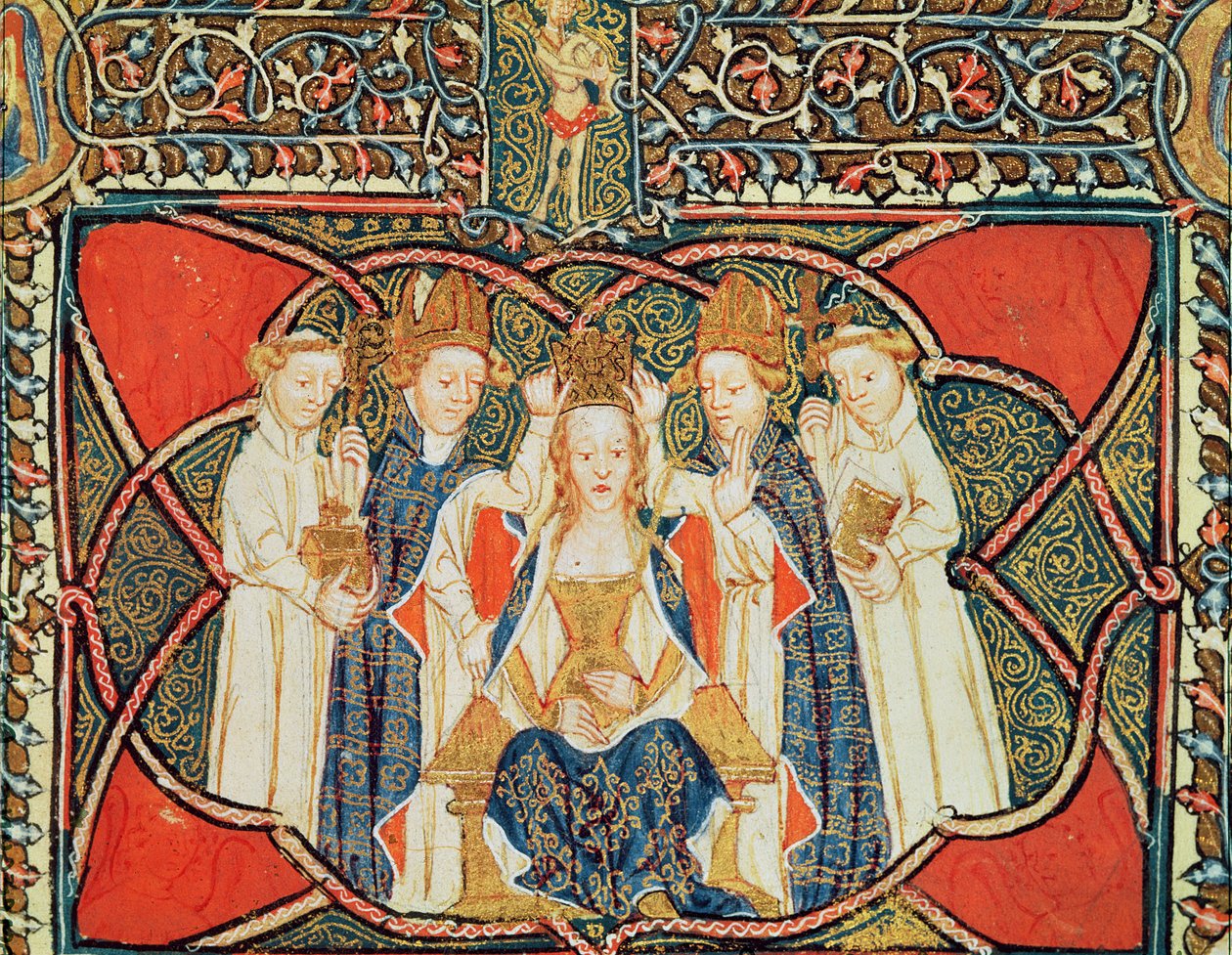Ms 197 f.19v Coroação de uma rainha, de Liber Regalis de English School