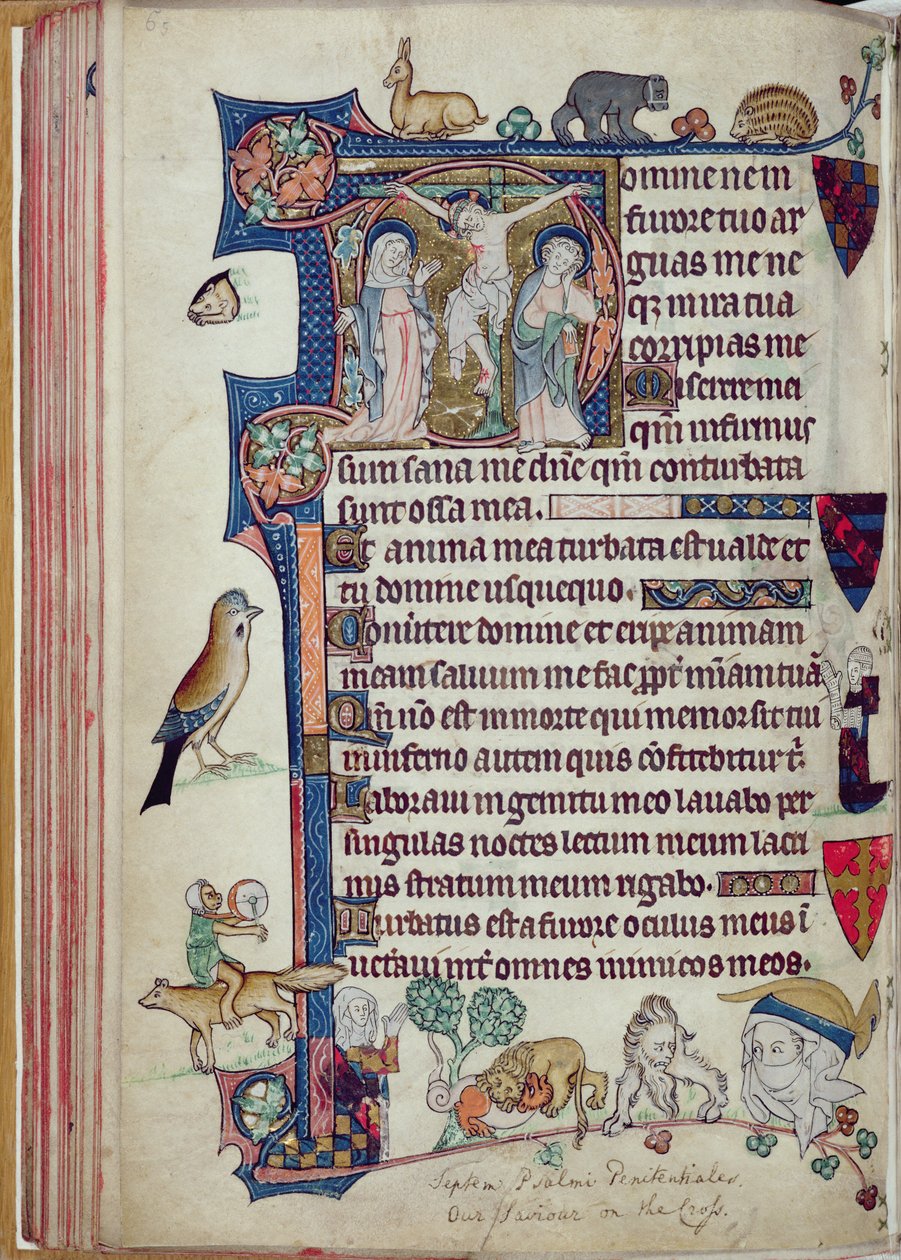 Ms 242 f.55 v A Crucificação, das Horas de Packham-Clifford, Uso de Sarum, c.1314-31 (folha de ouro e têmpera sobre pergaminho) de English School