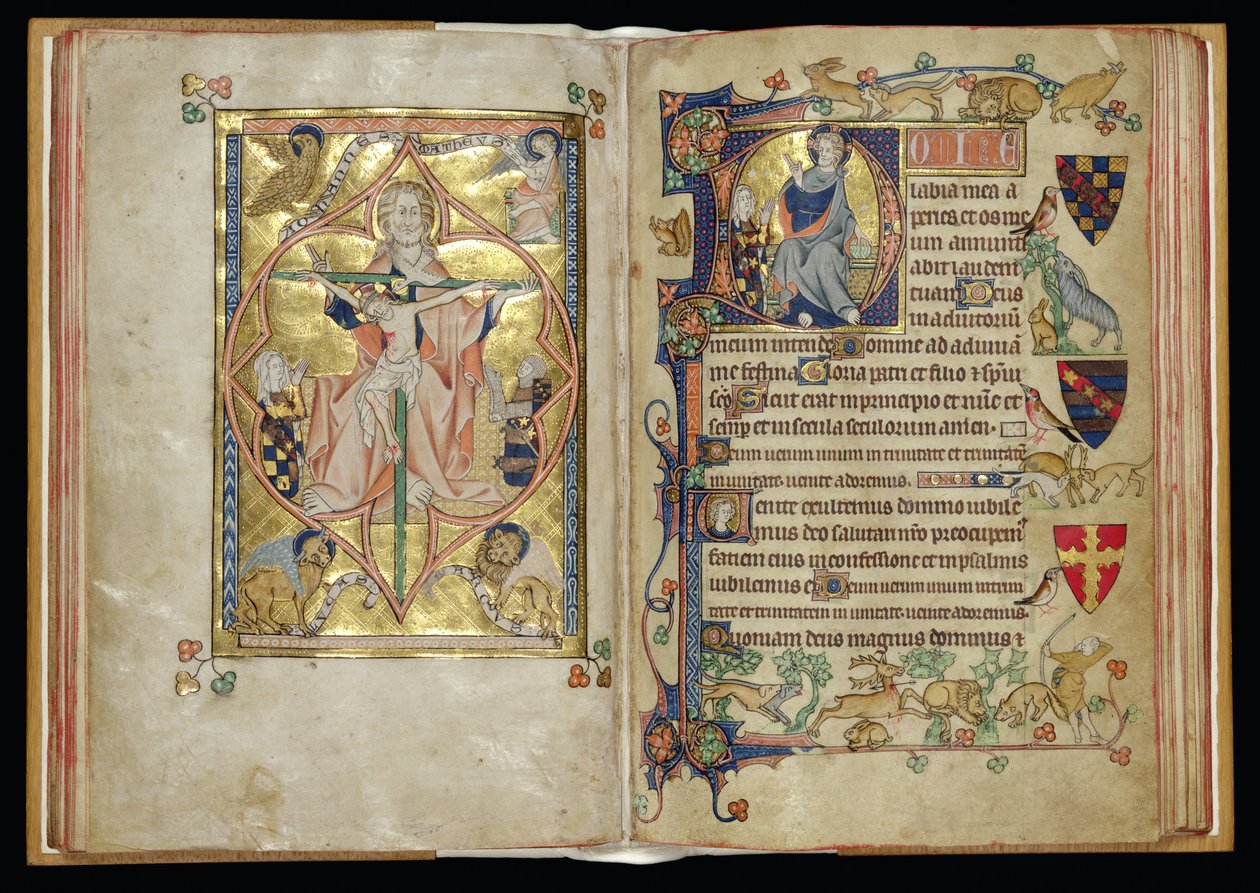 Ms 242 ff.28v-29r A Trindade e o Trono da Misericórdia em um D historiated inicial, das Horas de Packham-Clifford, Uso de Sarum, c.1314-31 (folha de ouro e tempera em pergaminho) de English School