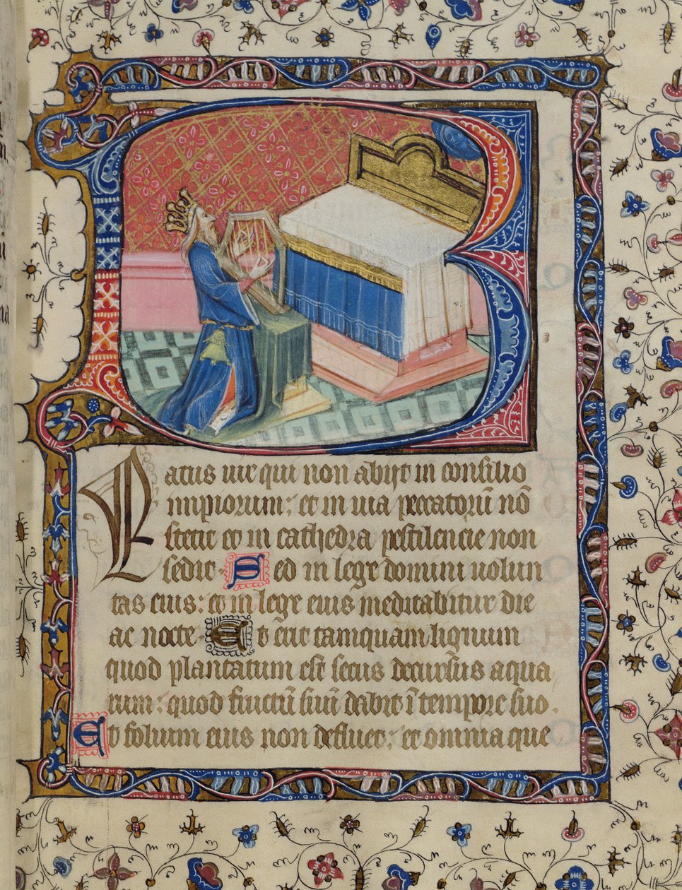 Ms 24 f.13 r. Salmo 1, David Harping, do Knightley Psalter, c.1380 de English School