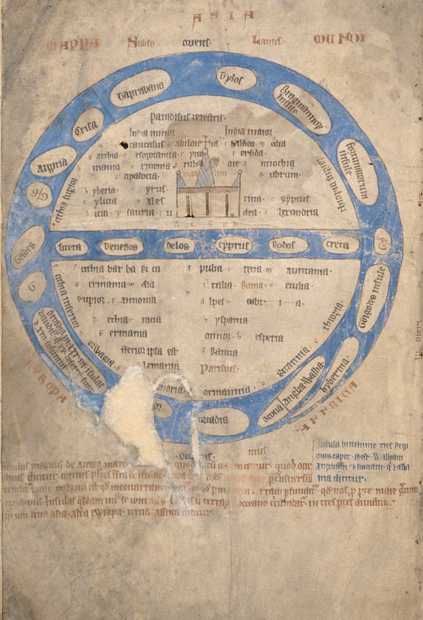 Ms 254, f.1v: Map Mundi, de um Bestiário, c.1200-30 de English School
