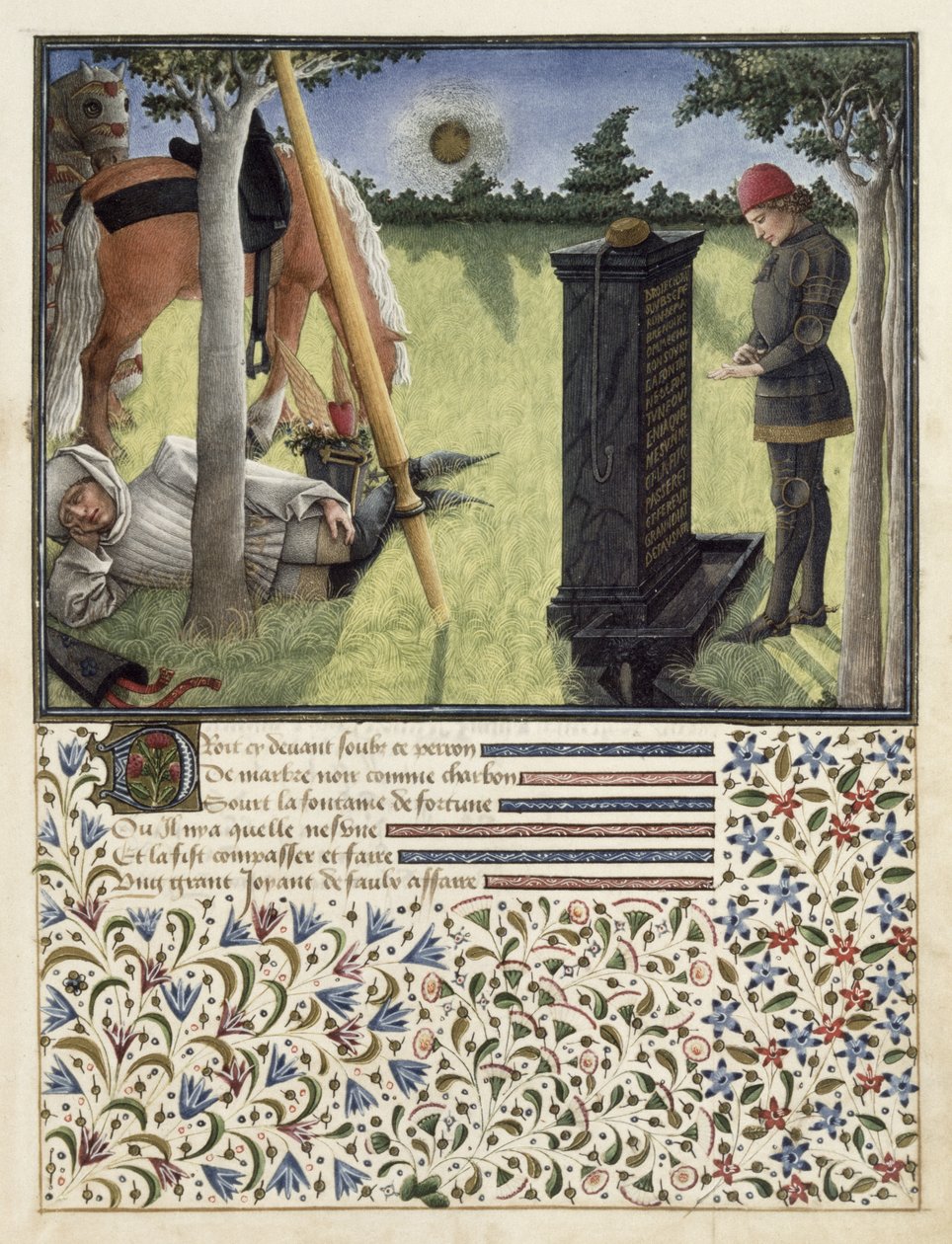 Ms. 2597 Em Sunrise, Heart lê a inscrição na Fonte Encantada, edição fac-símile de Livre du Coeur dAmours Espris por Rene dAnjou de English School