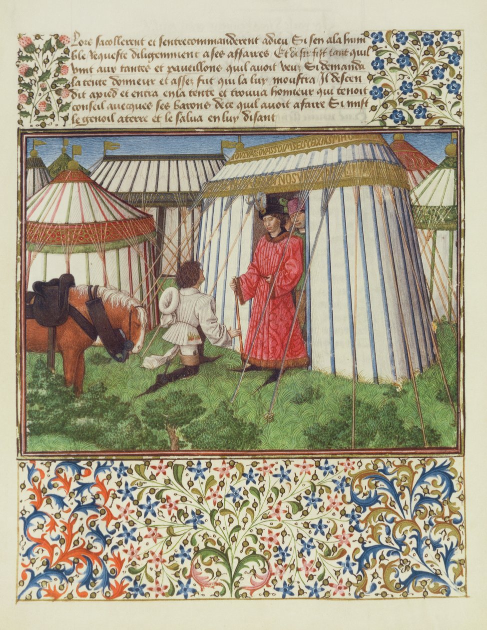 Ms. 2597 Desire se ajoelha na frente de Honor implorando a ajuda de Heart, edição fac-símile de Livre du Coeur dAmours Espris por Rene dAnjou de English School