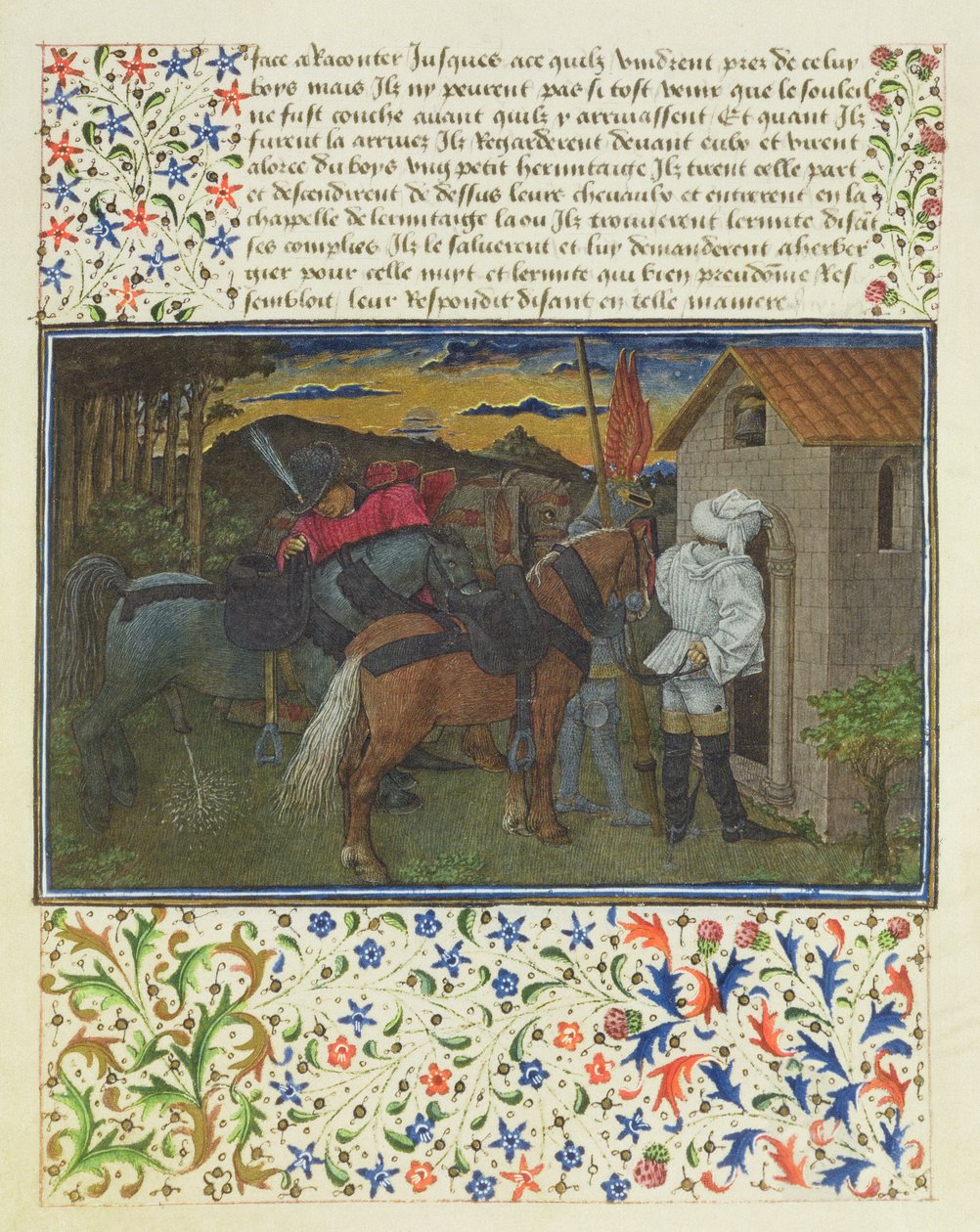 Ms. 2597 Coração, Desejo e Generosidade, no final da noite, em frente à Cela Eremita, edição fac-símile de Livre du Coeur dAmours Espris por René dAnjou de English School